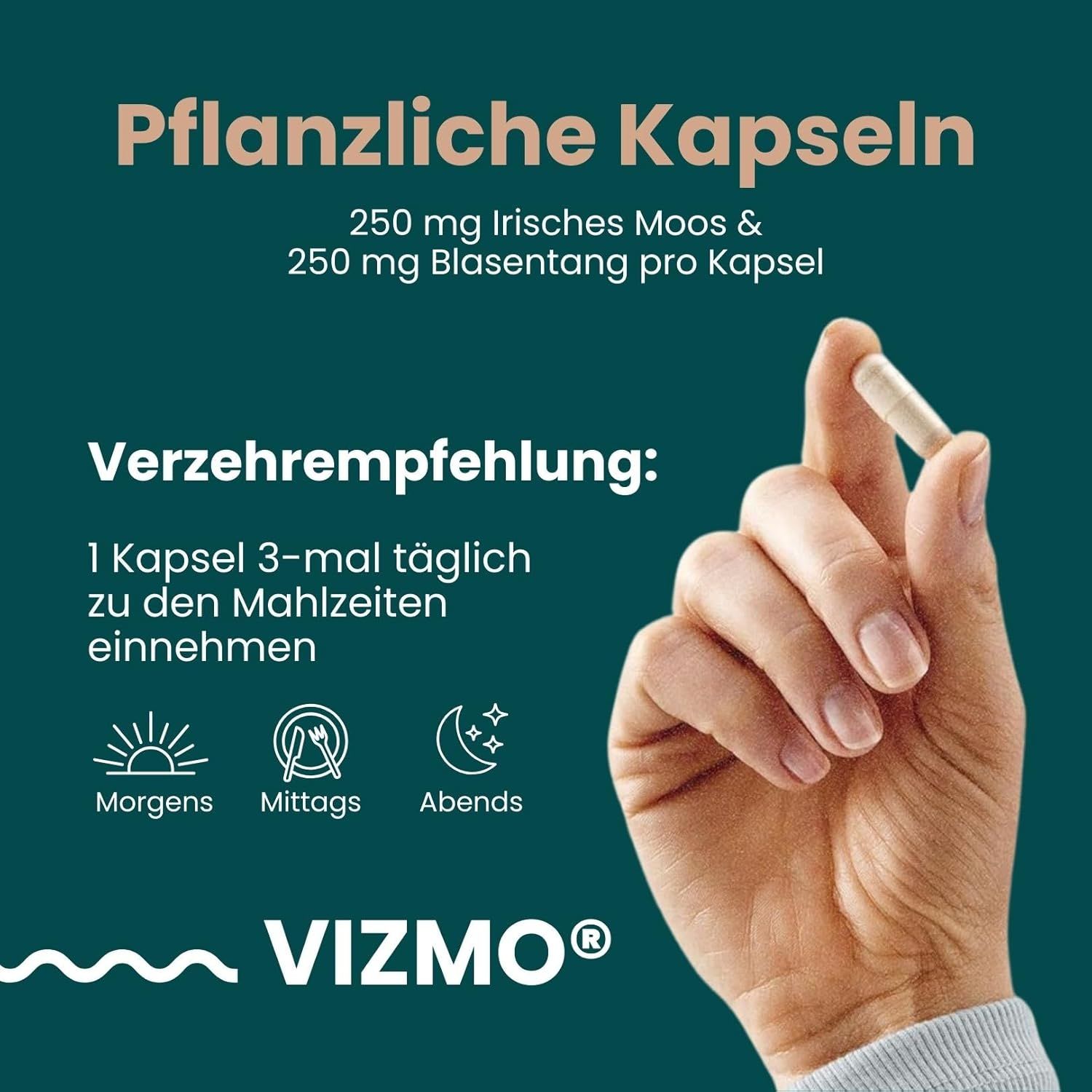 Mano che tiene una capsula. Testo: Capsule vegetali, 250 mg muschio irlandese & 250 mg bladderwrack.