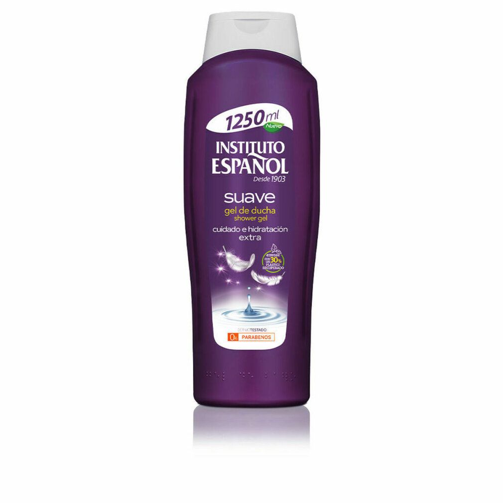 Flacone viola con tappo bianco. Scritta Instituto Español Suave Gel Doccia. 1250ml.