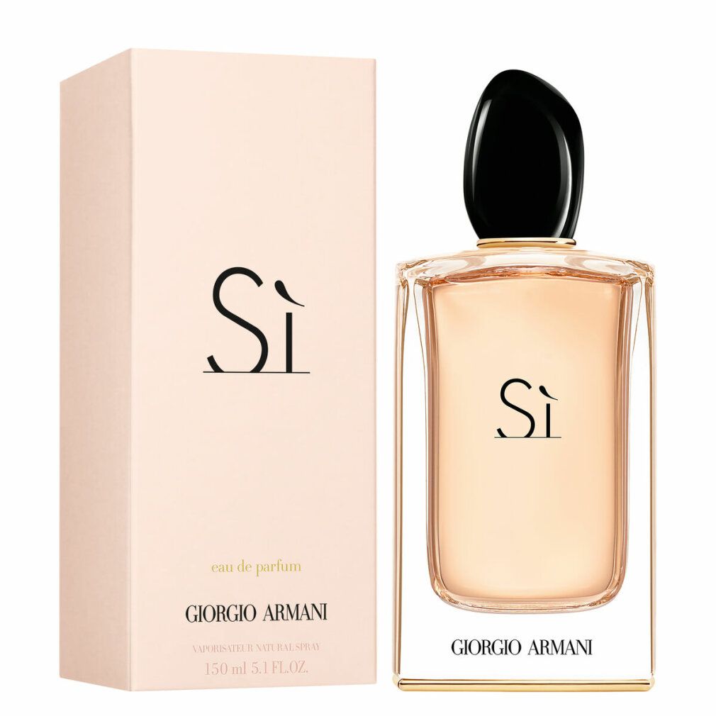 Flacone e confezione Giorgio Armani Sì Eau de Parfum. Flacone rettangolare con tappo nero. Confezione rosa con logo.