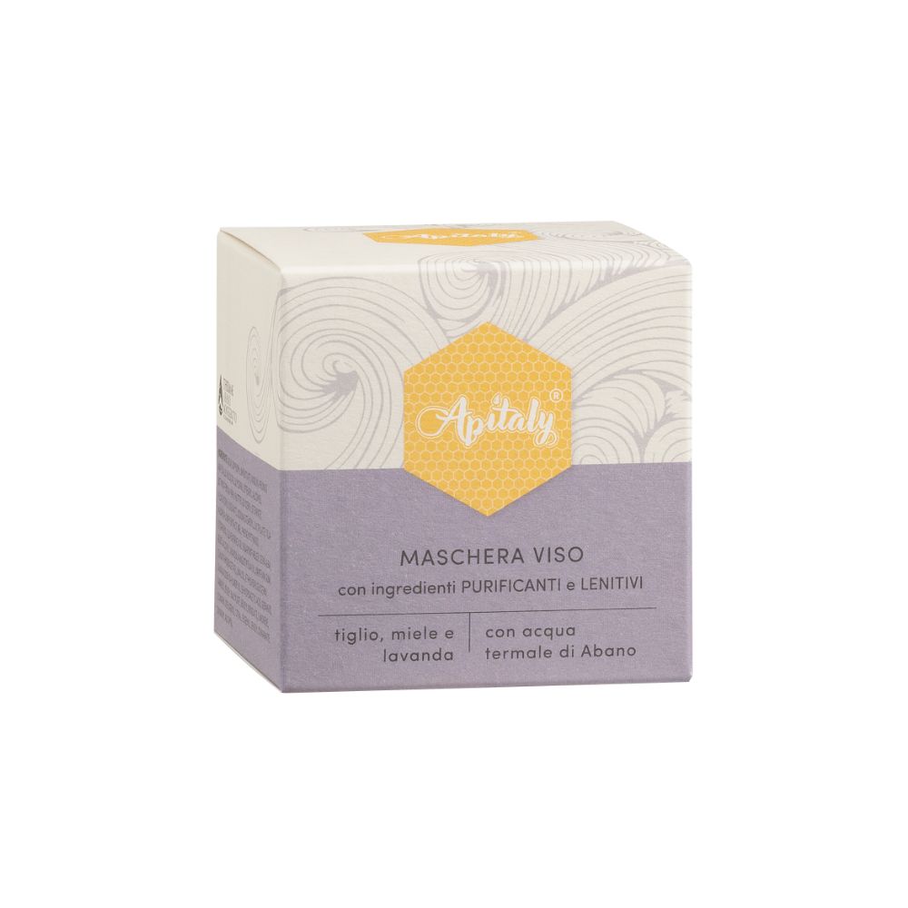 Confezione in cartone. Scritta: Maschera viso con ingredienti purificanti e lenitivi. Con ingredienti. Marchio Apitaly.