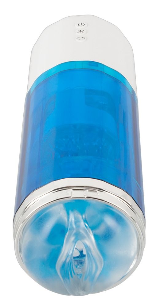 Masturbatore con corpo blu, manico bianco e coperchio rimosso.