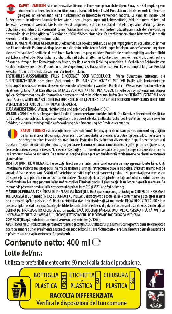 Testo su sfondo bianco. Informazioni su KAPUT! FORMICHE. Istruzioni, precauzioni, primo soccorso, composizione.