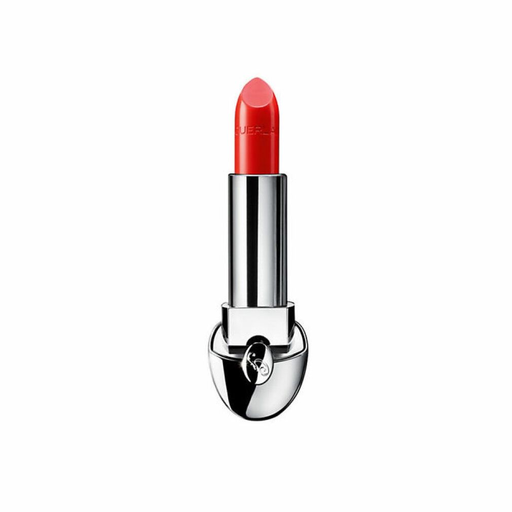 Rossetto rosso in astuccio argento. Il rossetto è parzialmente estratto. Base rotonda, parte superiore squadrata.