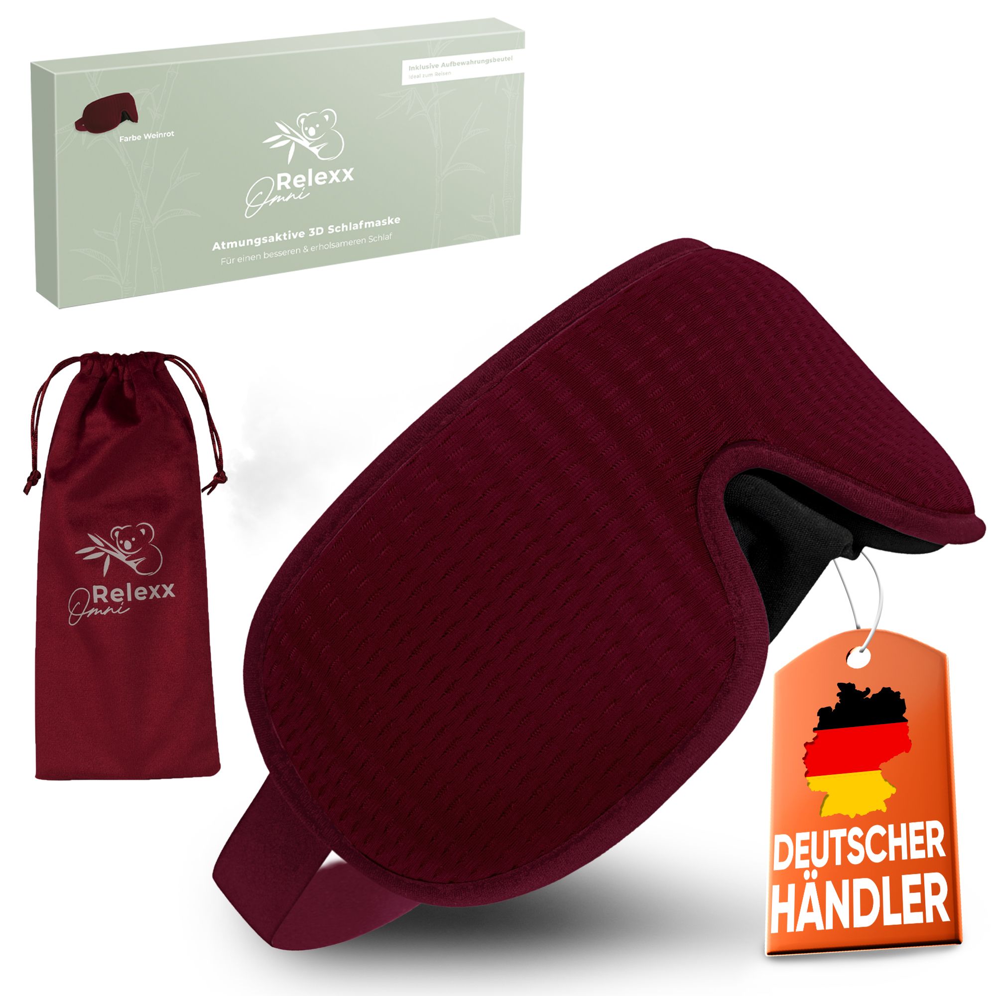 Maschera per dormire bordeaux, sacchetto e confezione. Etichetta "Deutscher Händler".