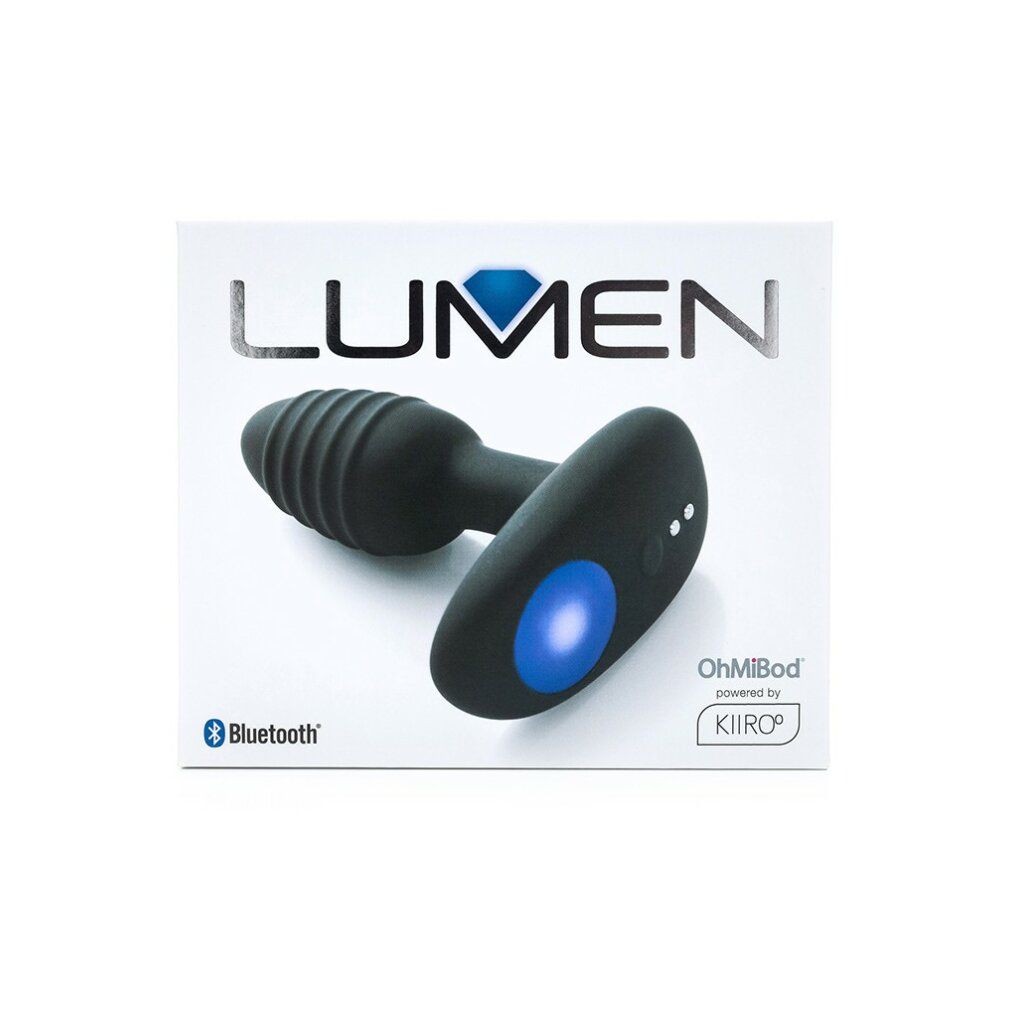 Confezione con prodotto benessere nero. Scritta LUMEN, OhMiBod, Kiiro. Logo Bluetooth.