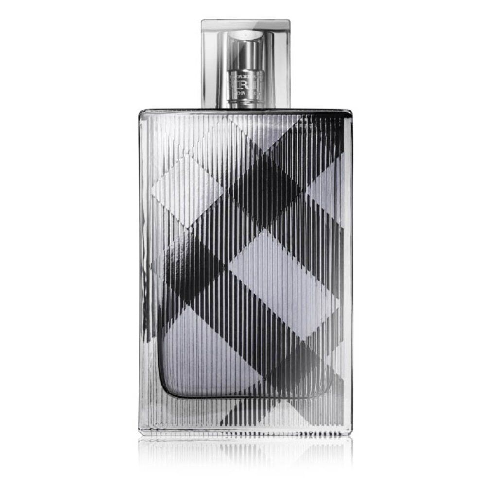 Burberry Brit for Him Eau de Toilette Spray. Flacone quadrato con motivo a quadri. Vaporizzatore argentato.