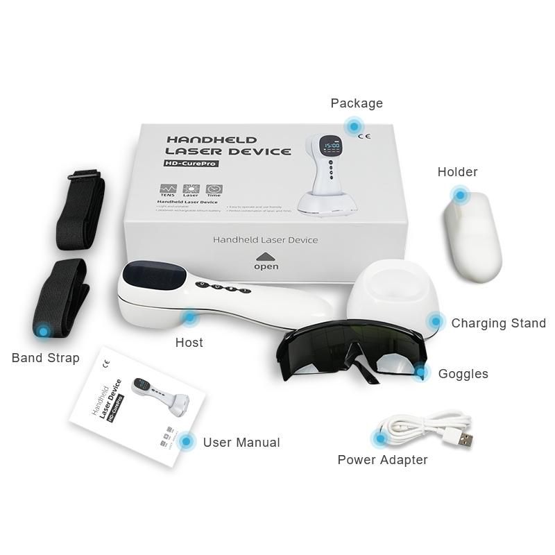 Contenuto della confezione: dispositivo laser, supporto, cavo di ricarica, occhiali, manuale, cinghie.