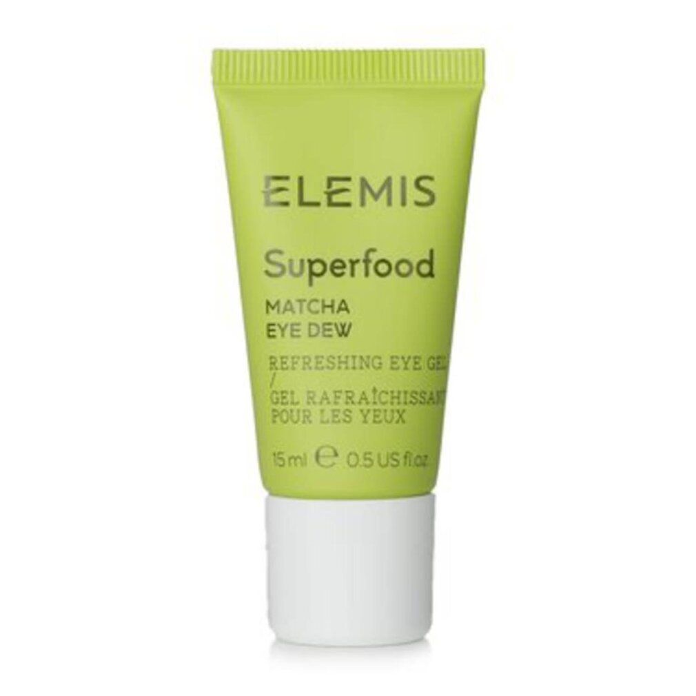 Tubo verde con tappo bianco. Scritta: Elemis Superfood Matcha Eye Dew, Refreshing Eye Gel. Volume: 15ml.
