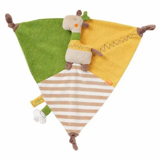 Doudou triangolare con giraffa. Verde, giallo e a righe. Con nodi agli angoli e un'etichetta.