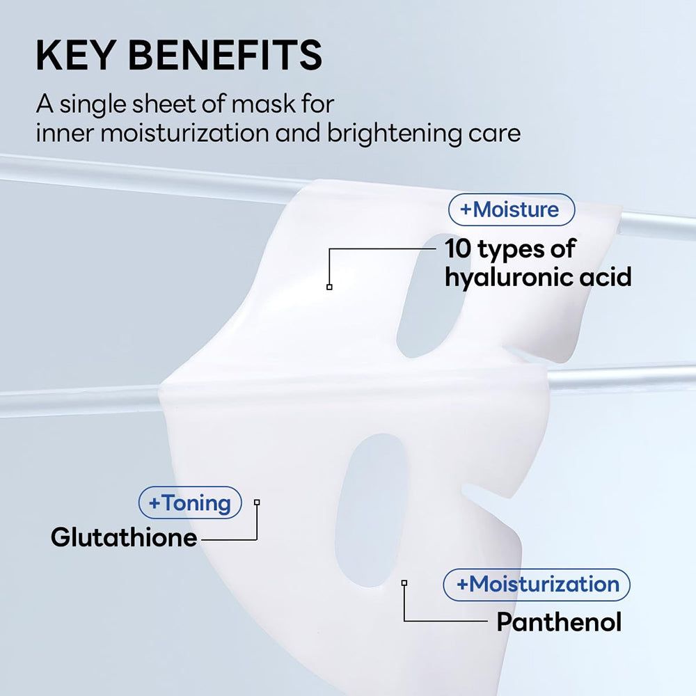 Maschera viso con testo. Contiene idratazione, 10 tipi di acido ialuronico, glutatione e pantenolo.