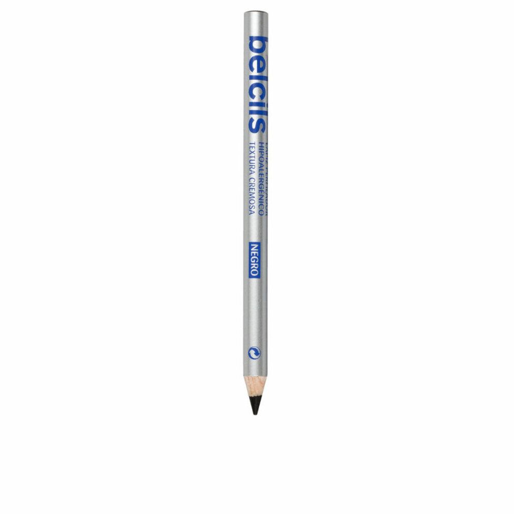 Una singola matita argentata con testo blu. Scritta: Belcils. Mina nera. Su sfondo bianco.