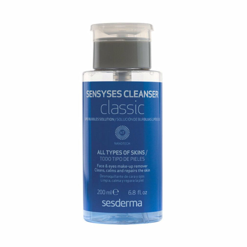 Flacone trasparente con etichetta blu. Scritta: sesderma, SENYSES CLEANSER classic. Contiene 200 ml.