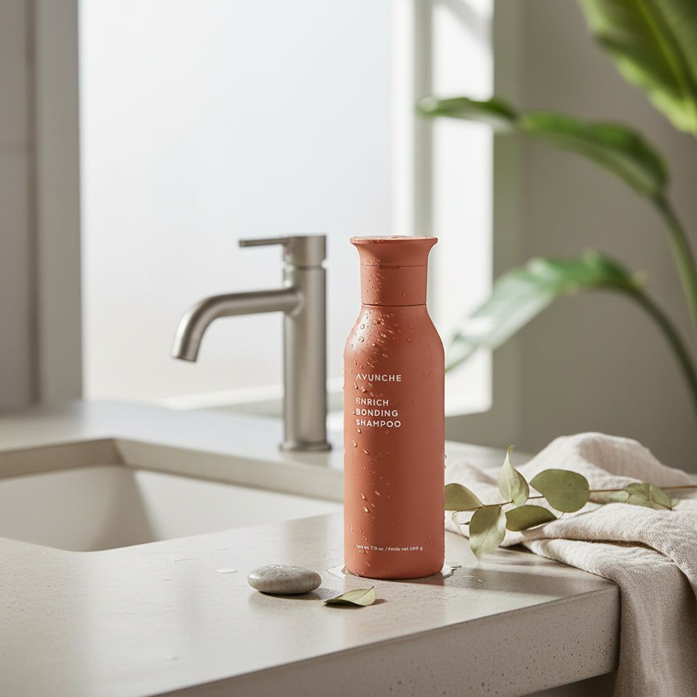 AYUNCHE Enrich Bonding Shampoo vicino a un lavandino con rubinetto.