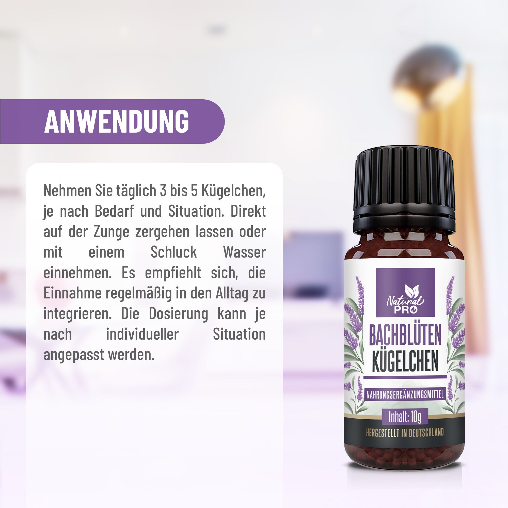 Flacone di vetro marrone con tappo nero. Etichetta con nome del prodotto e design floreale. Testo 'Applicazione' accanto.