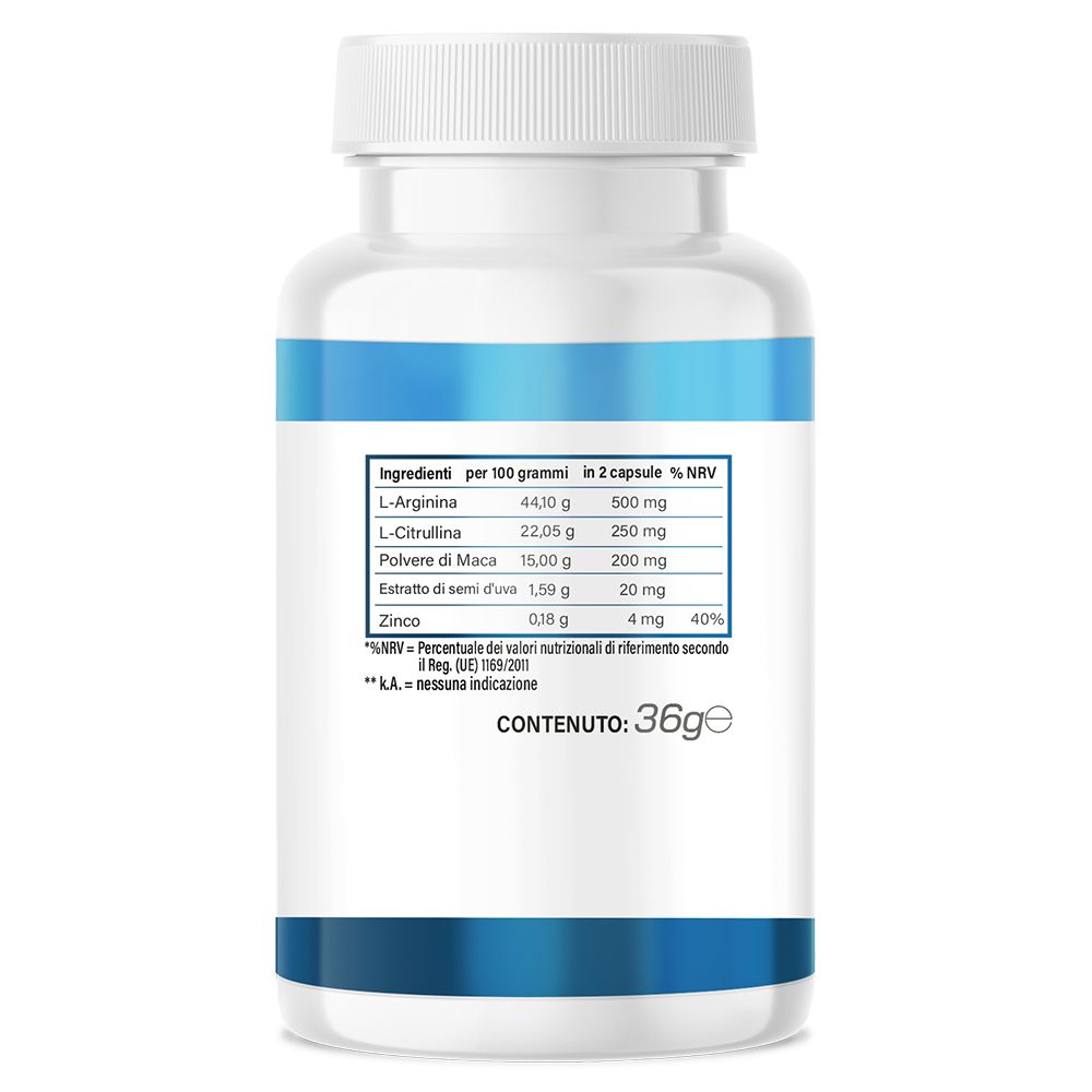 Retro di un flacone bianco con fascia blu. Tabella nutrizionale con ingredienti. Testo in italiano.