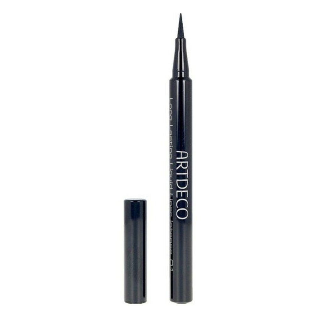 Eyeliner liquido nero. Penna nera con cappuccio aperto. Scritta: ARTDECO, Long Lasting Liquid Liner Intense.