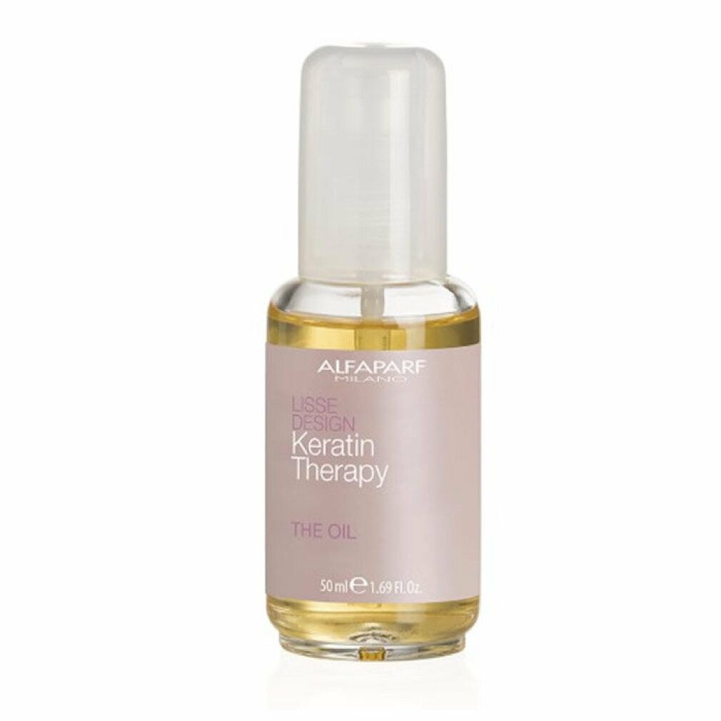 Alfaparf Milano Lisse Design Keratin Öl. Flacone trasparente, etichetta rosa. Testo: Keratin Therapy, The Oil. 50 ml.