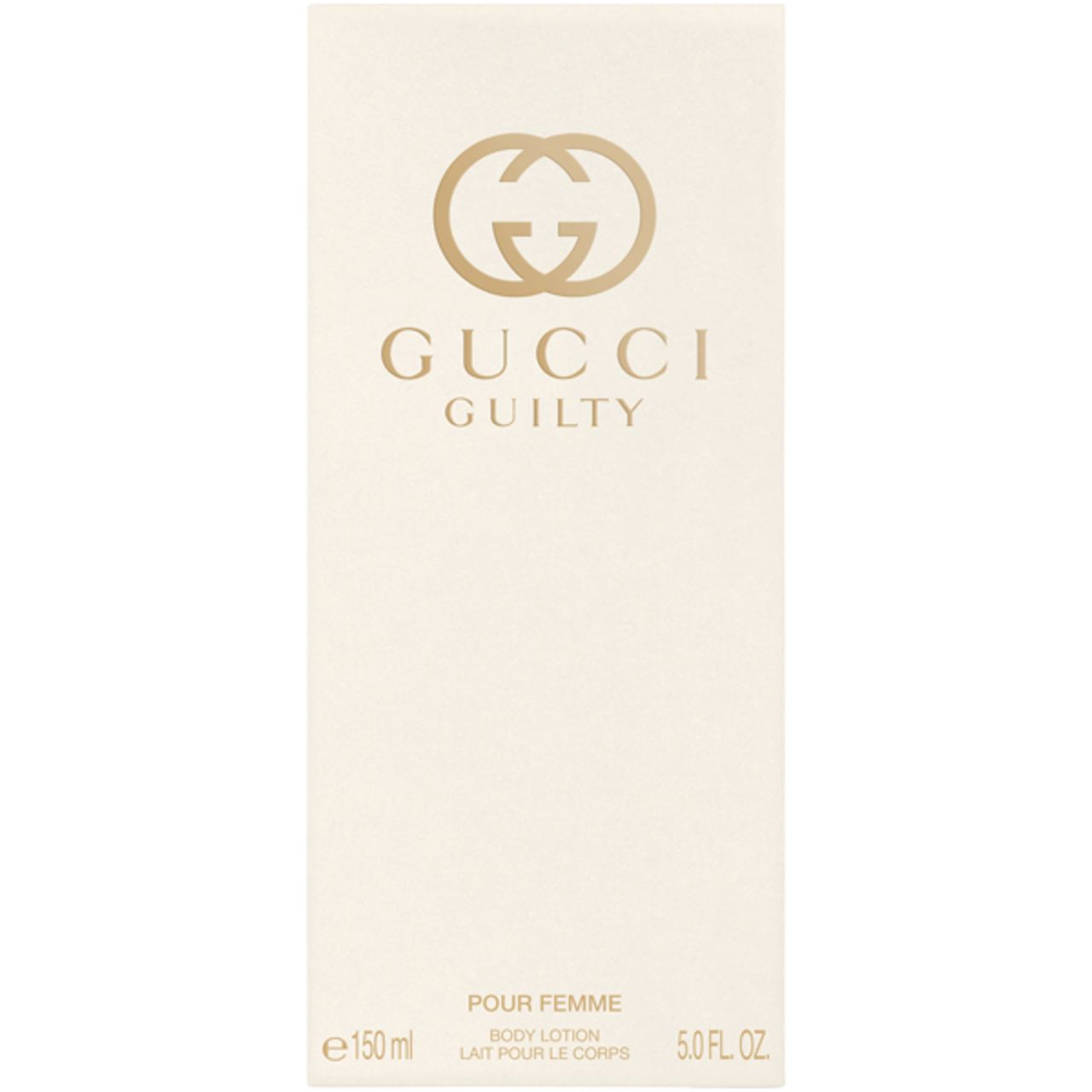 Confezione color crema. Logo e scritta Gucci Guilty dorati. Scritta: Pour Femme, Body Lotion.