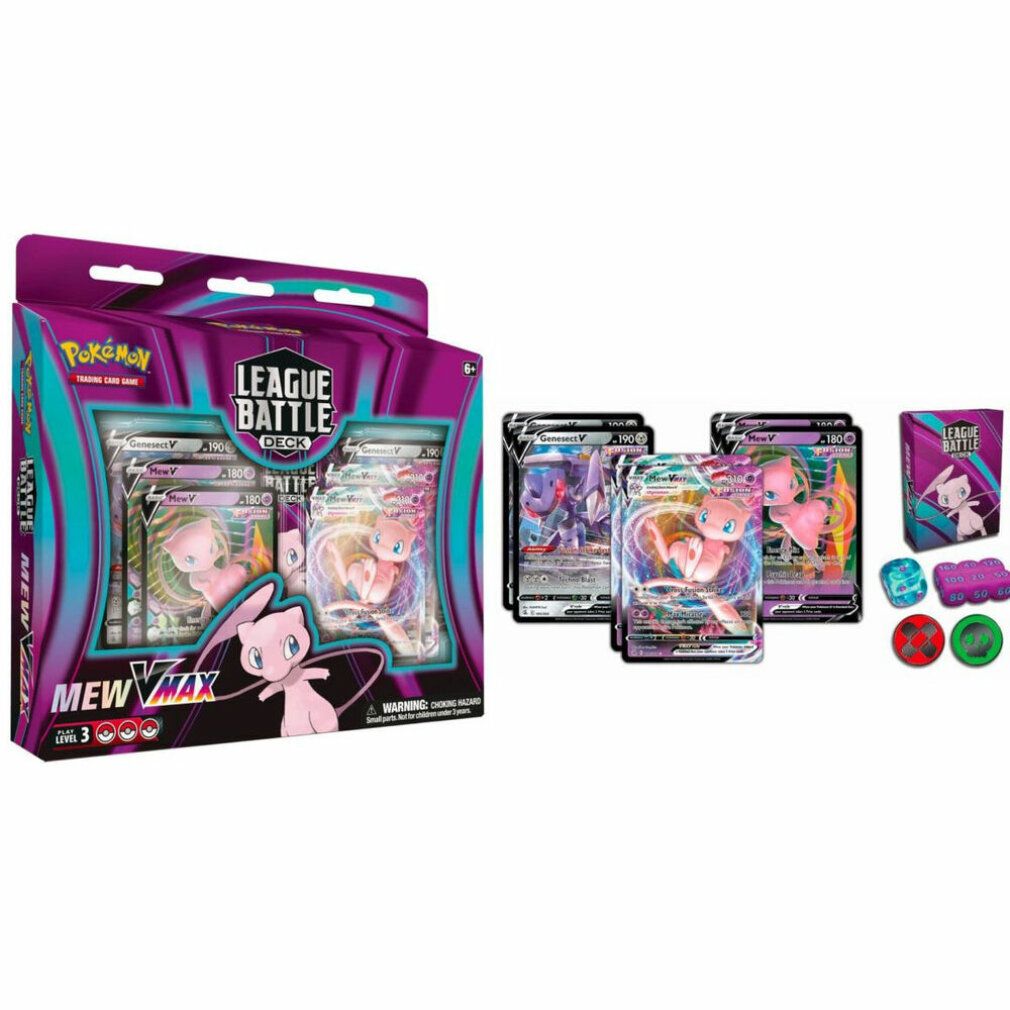 Set di carte con carte, dadi e contatori. Confezione con motivo Mew VMax. Carte con illustrazioni Pokémon.