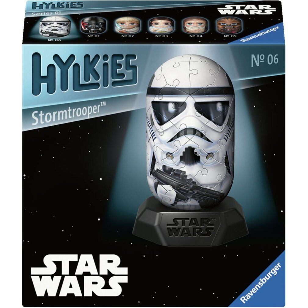 Confezione con puzzle 3D Stormtrooper. Loghi Hylkies, Star Wars. Puzzle su base.