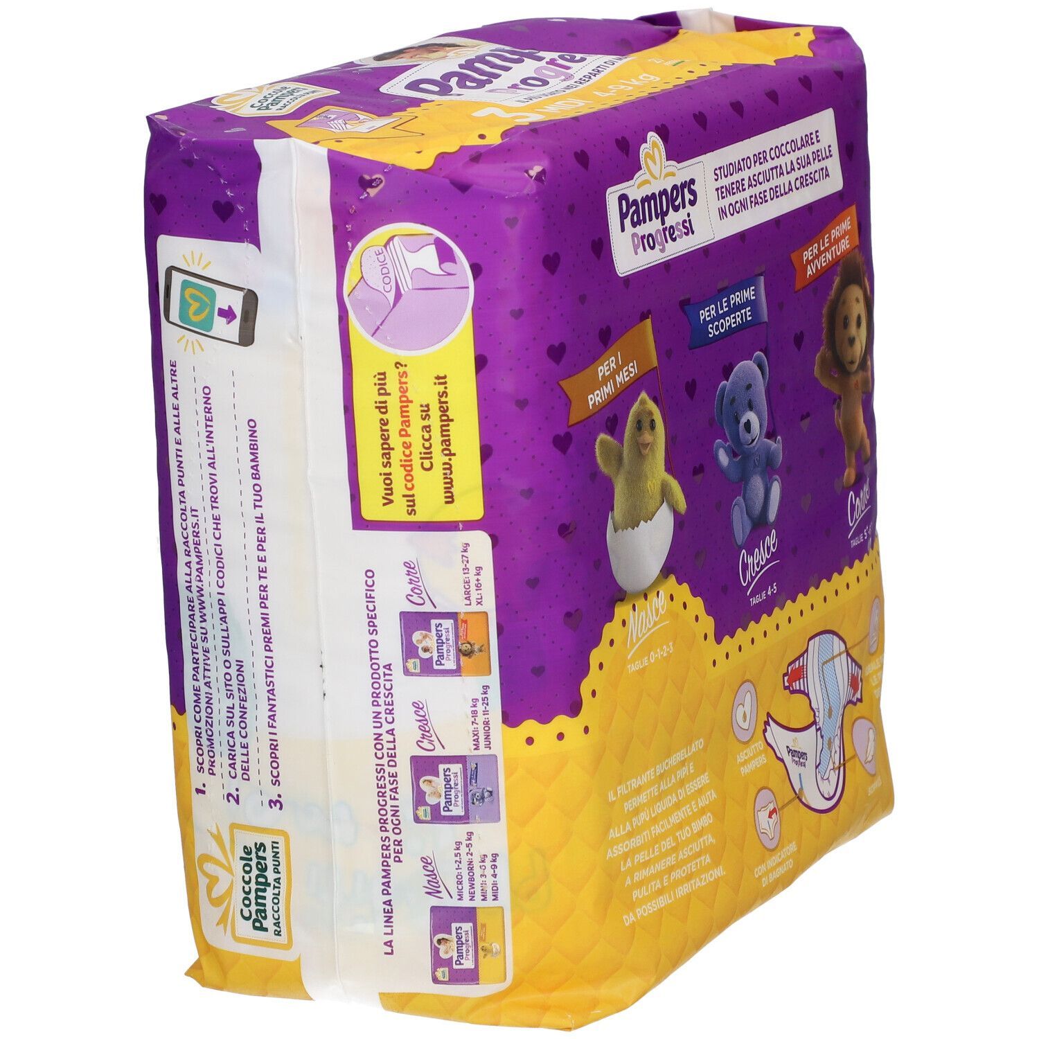 Confezione di pannolini Pampers Progressi. Vista laterale con testo e illustrazioni. Taglia: 4-9 kg.