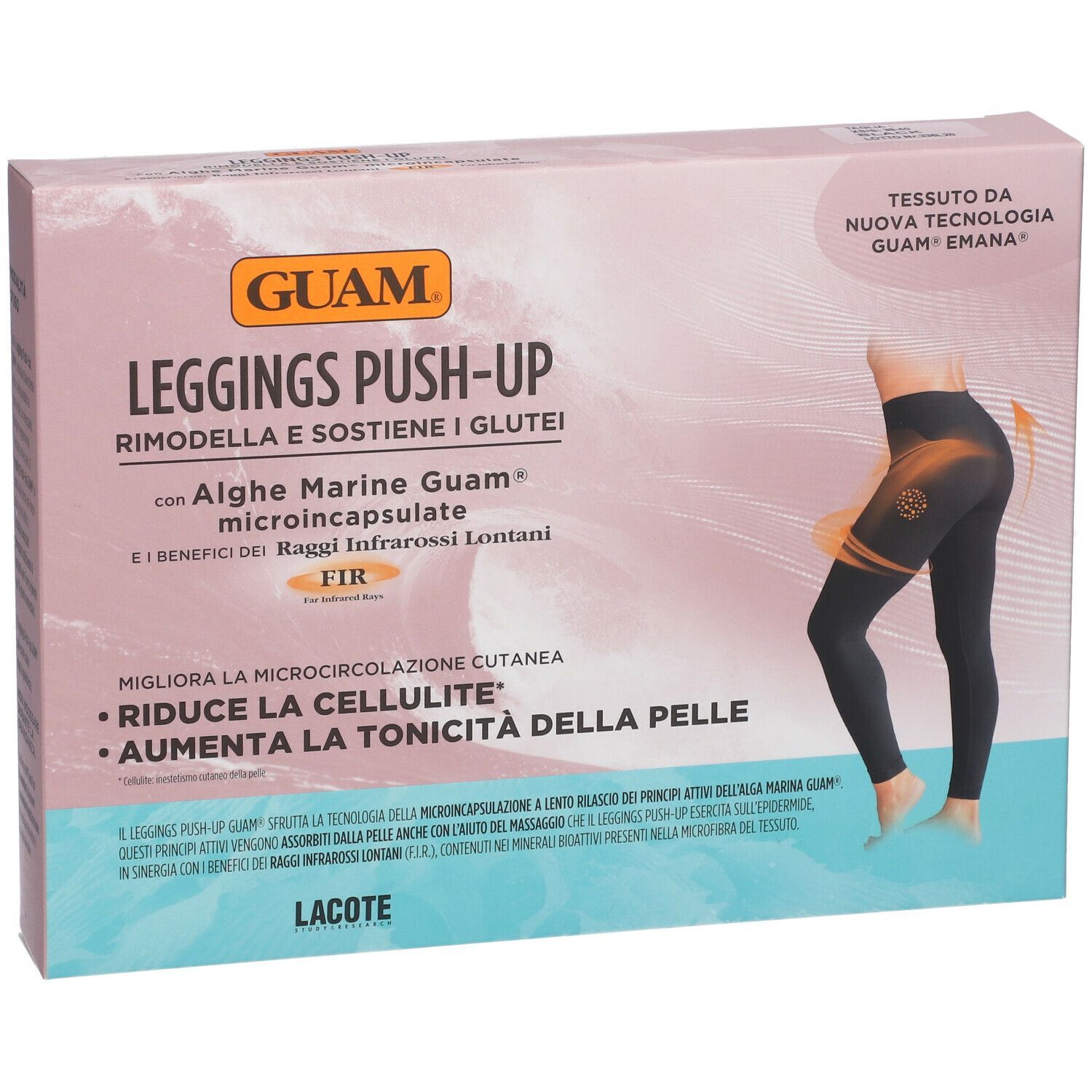 Confezione GUAM® Leggings Push-Up. Illustrazione di leggings neri. Testo: 'Rimodella e sostiene i glutei'.