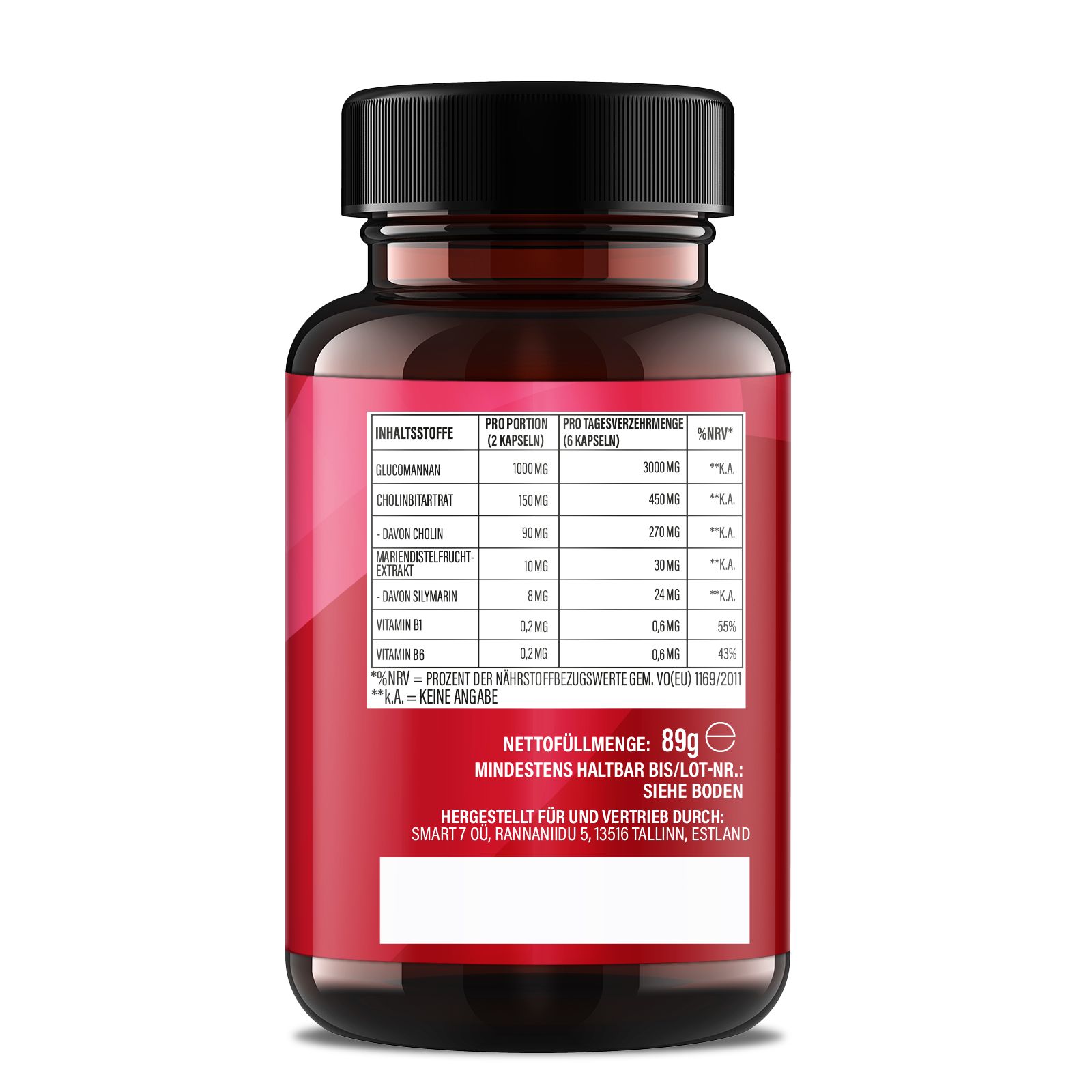 Retro della bottiglia. Etichetta rossa con informazioni nutrizionali. Contiene glucomannano, colina, Vit B6 e B12. Testo in tedesco.