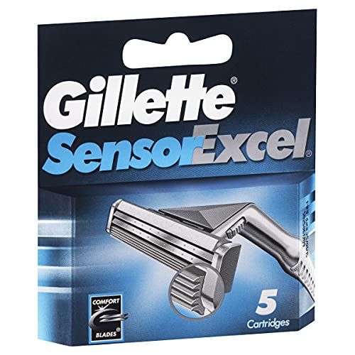 Ricariche Gillette Sensor Excel. Confezione da 5 lame. Logo Comfort Blades. Sfondo nero con sfumatura blu.