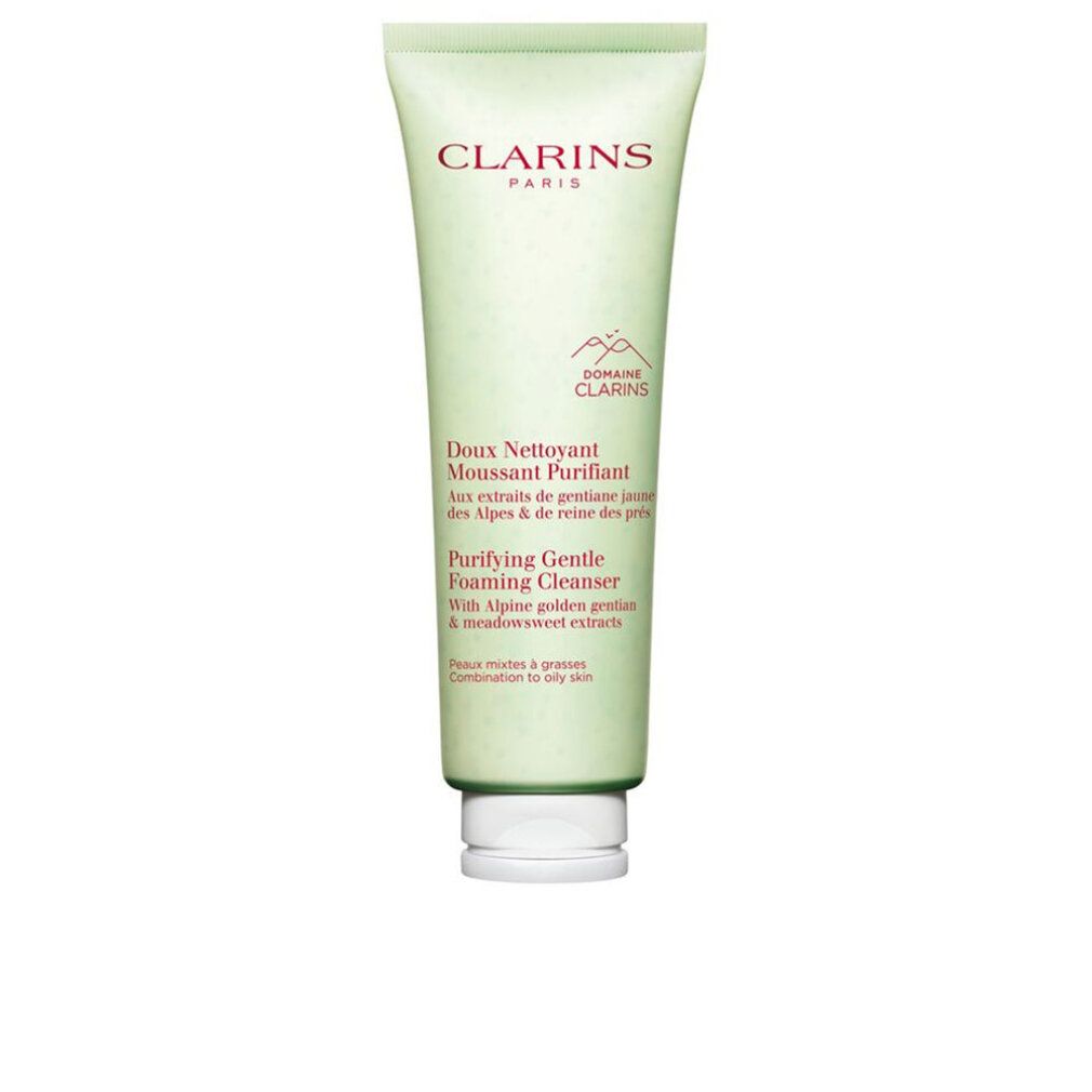 Tubo verde con tappo bianco. Testo: Clarins, Doux Nettoyant Moussant Purifiant, Purifying Gentle Foaming Cleanser.