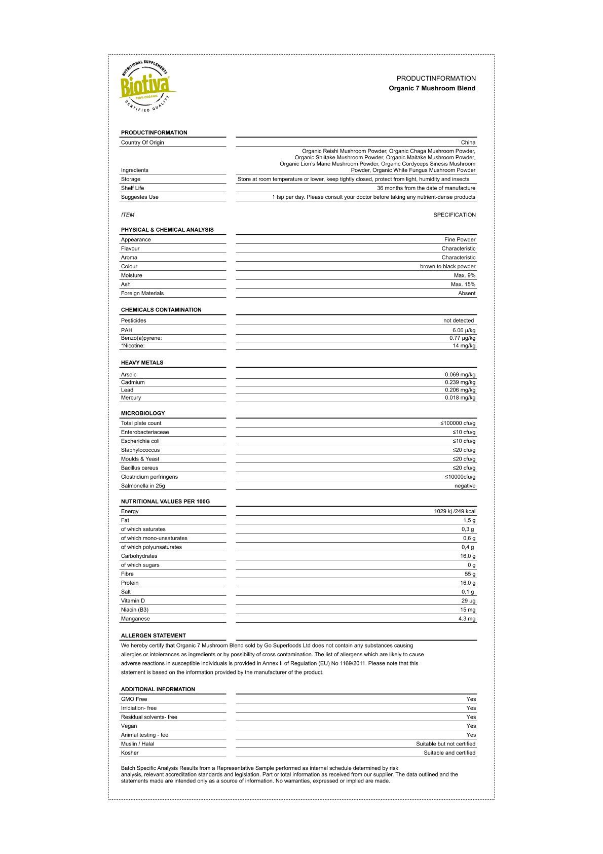 Scheda informativa del prodotto Organic 7 Mushroom Blend. Contiene informazioni su ingredienti, analisi e valori nutrizionali.