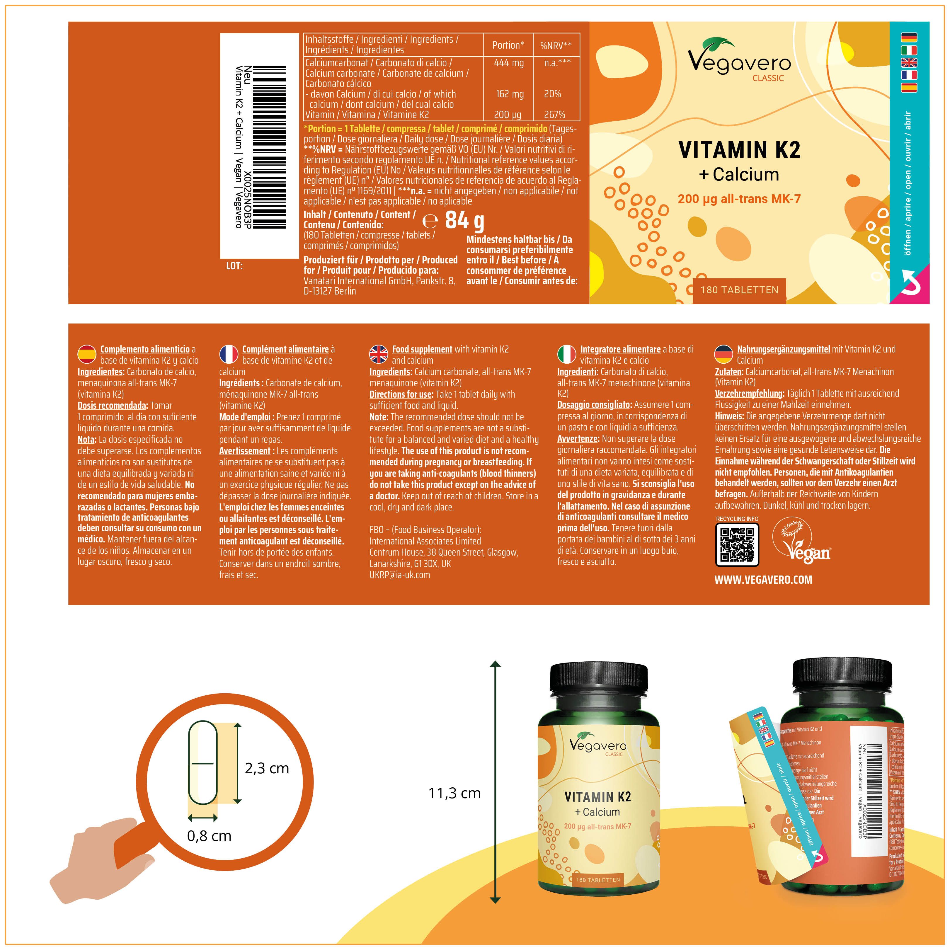 Confezione del prodotto VEGAVERO Vitamina K2 + Calcio. Contiene informazioni su ingredienti, valori nutrizionali e istruzioni per l'uso.