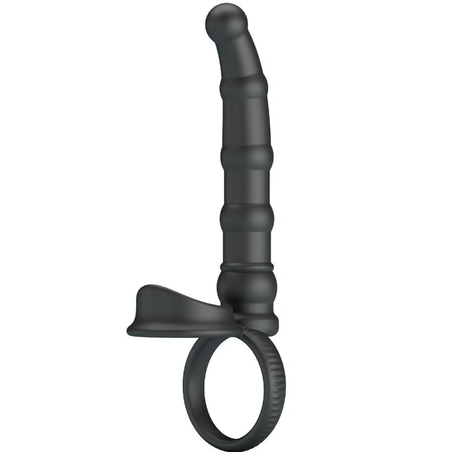 Anello per pene nero scanalato con impugnatura ergonomica, vista frontale.