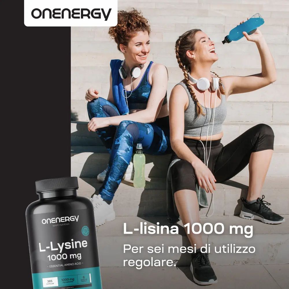 Tre barattoli di L-Lysine 1000 mg su sfondo blu con capsule.