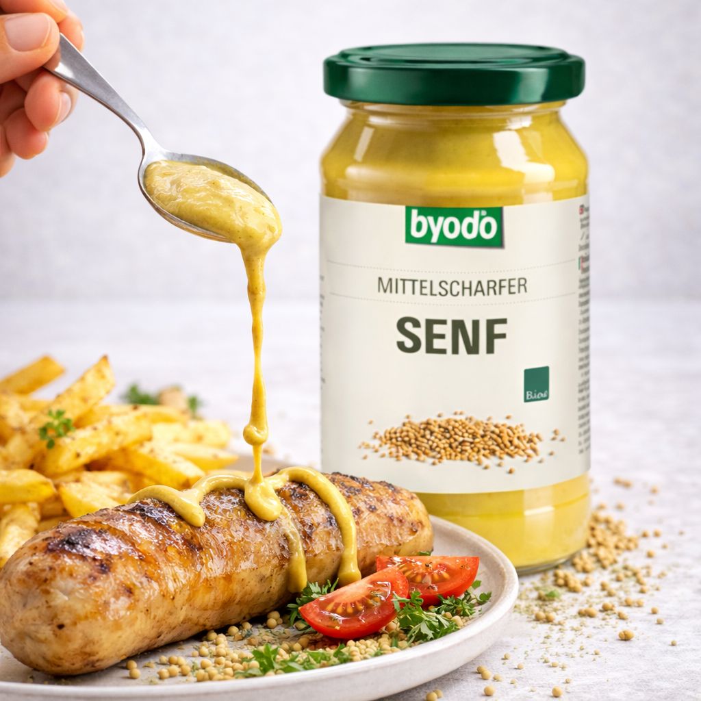 Senape media piccante Byodo in vasetto, versata su un würstel.