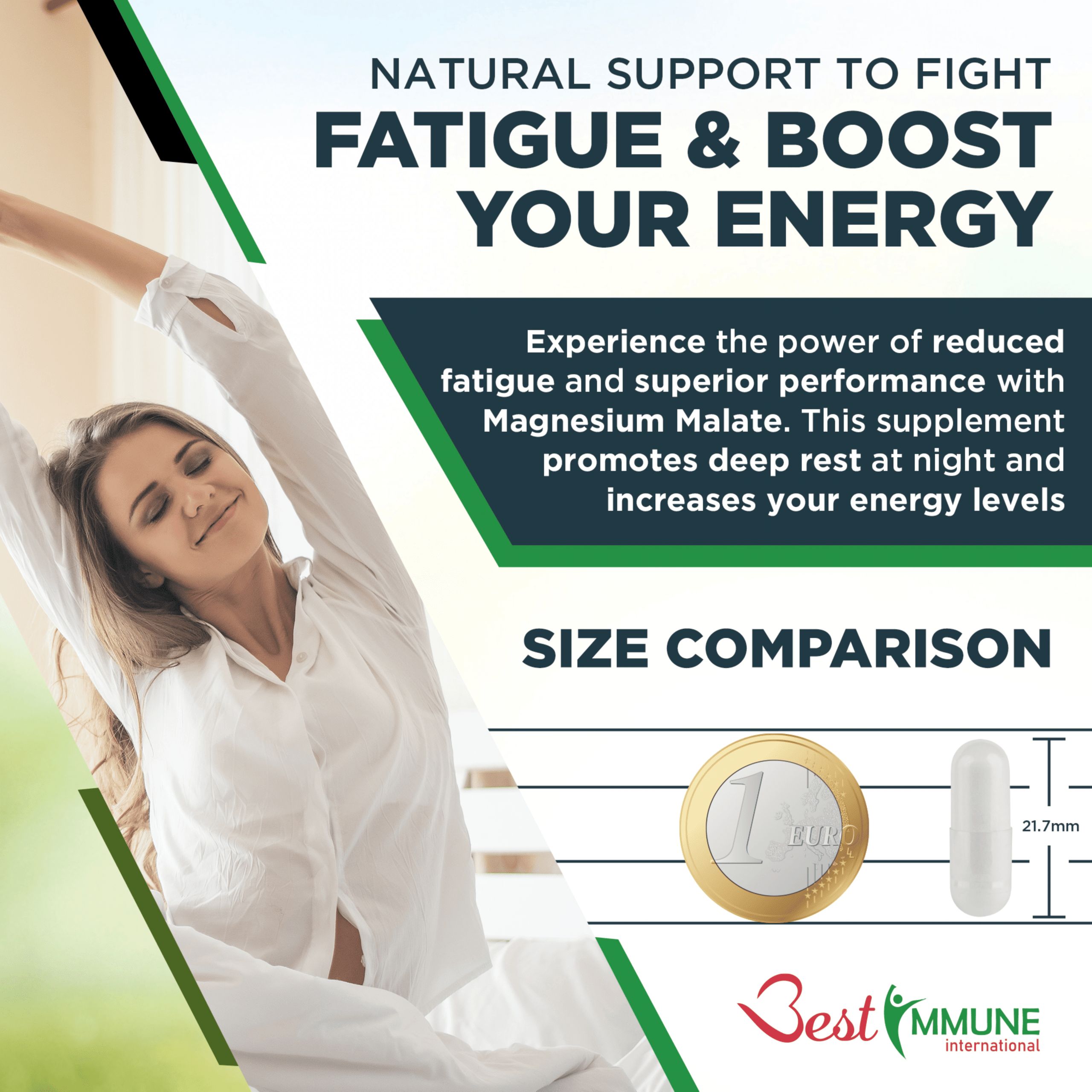 Confronto: moneta da 1 euro e capsula. Testo: Natural Support to Fight Fatigue & Boost Your Energy. Marchio: Best Immune.