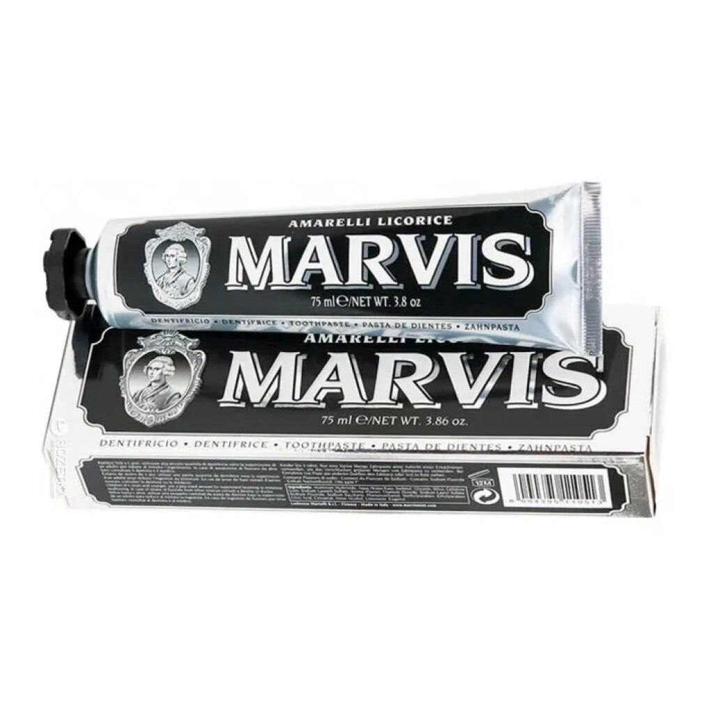 Tubo e scatola di dentifricio. Tubo appoggiato sulla scatola. MARVIS AMARELLI LIQUORICE. Tubo nero, testo argento.
