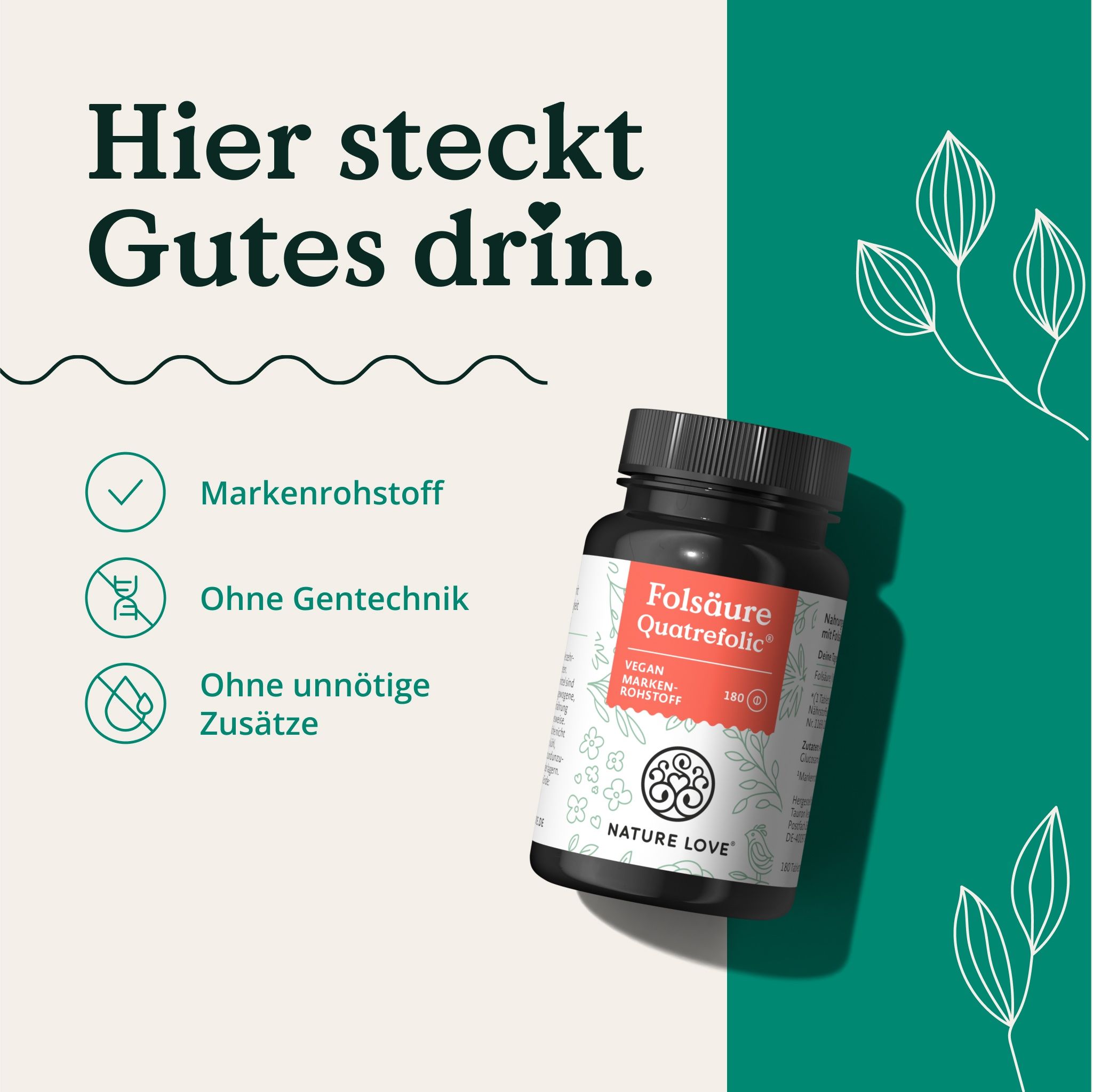 Flacone nero con etichetta bianca. Scritta: Folsäure Quatrefolic, 180. Testo: Materia prima di marca, Senza OGM, Senza additivi inutili.