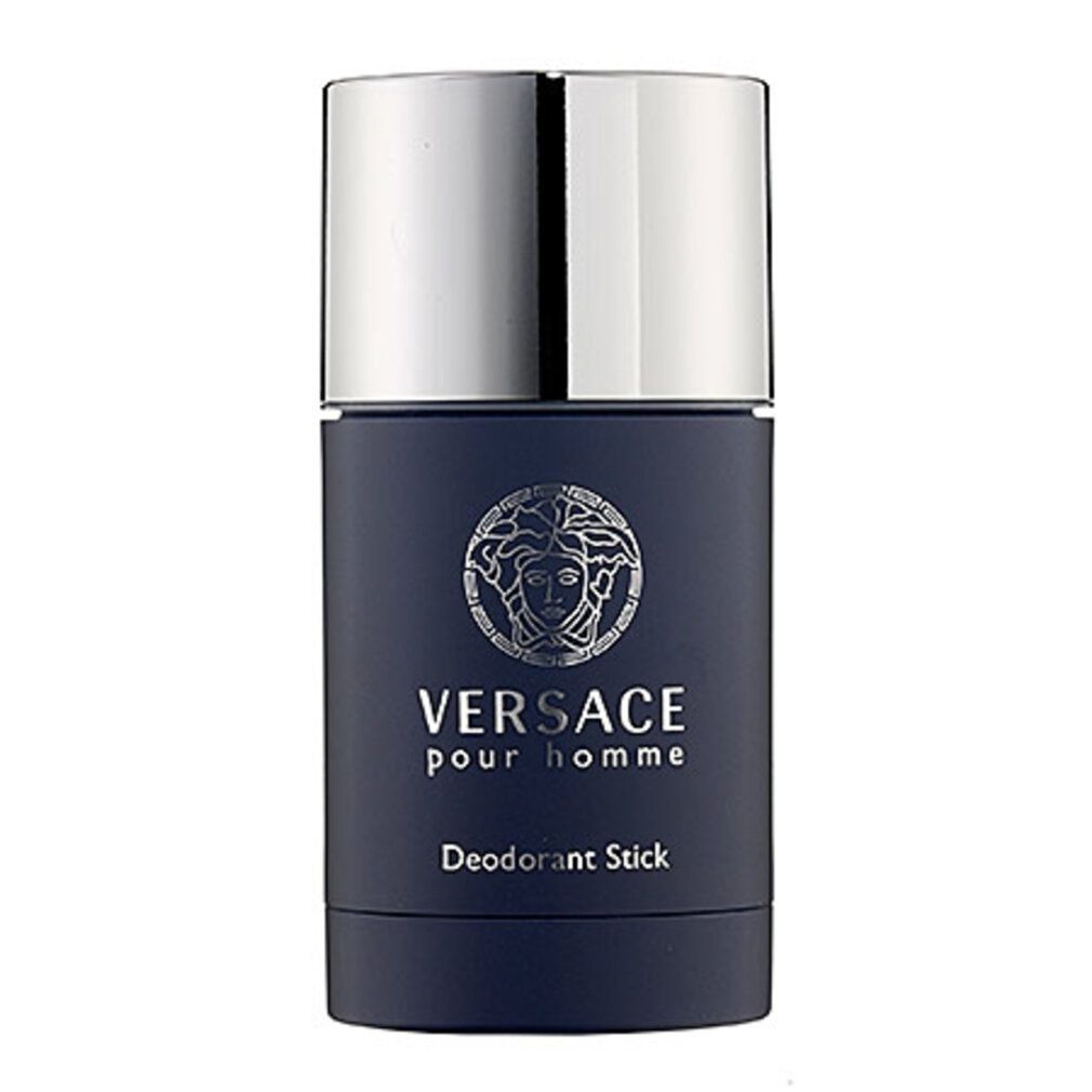 Stick deodorante blu scuro con tappo argentato. Marchio e testo 'Versace pour homme' e 'Deodorant Stick'.