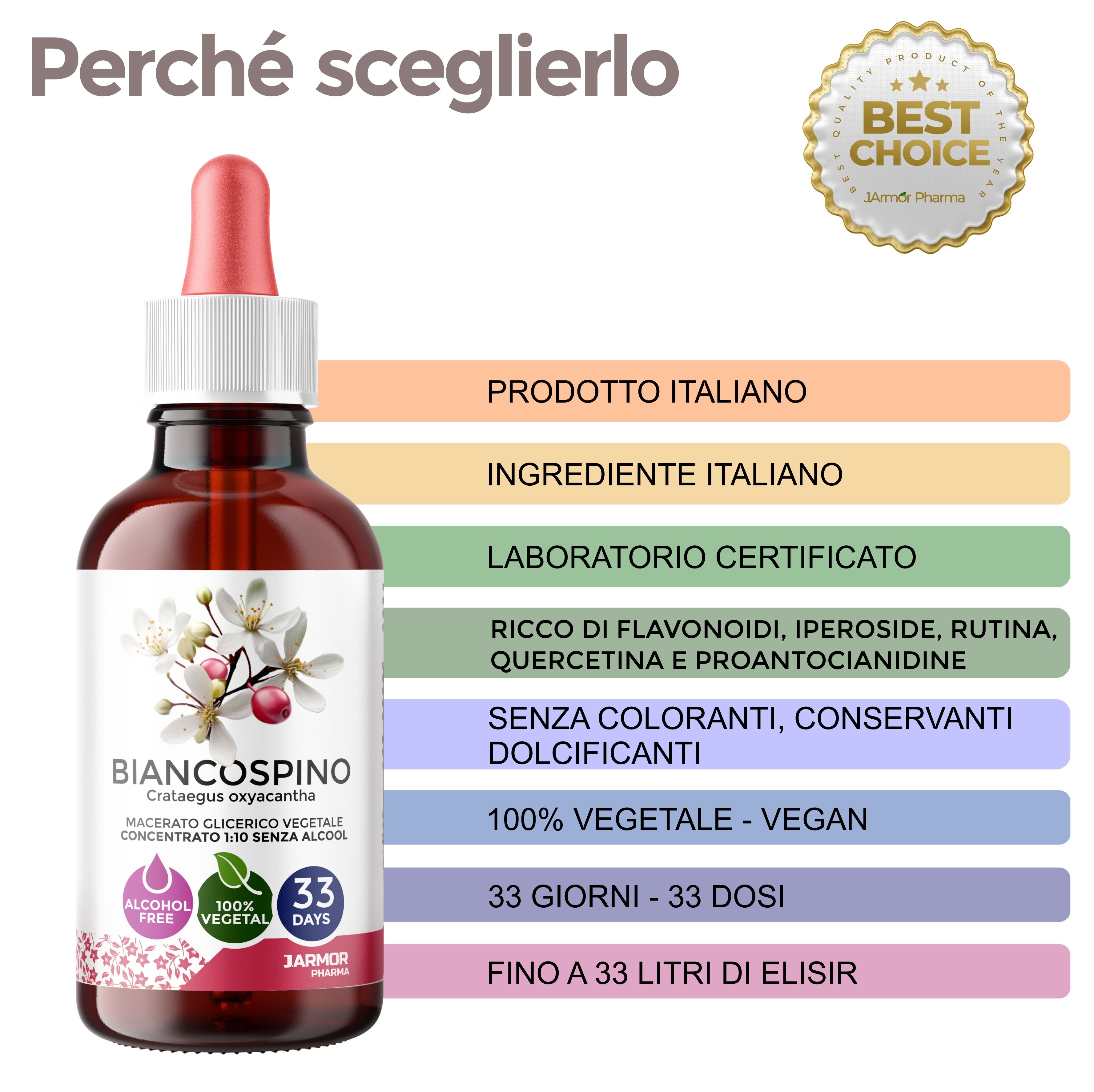 Flacone del prodotto con contagocce. Testo: Biancospino, Crataegus oxyacantha. Certificazioni e informazioni sul prodotto. Logo Best Choice.