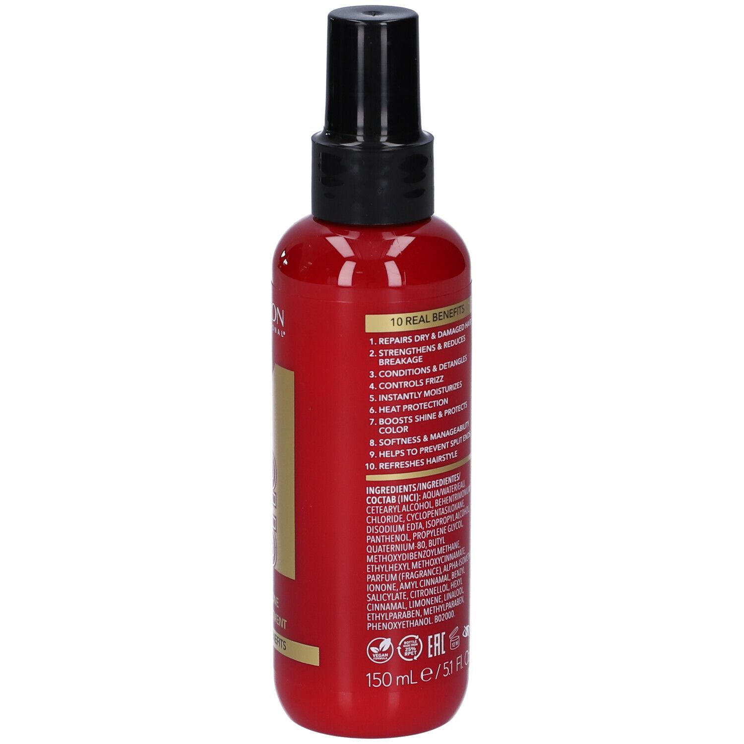 Flacone rosso con vaporizzatore nero. Scritta: Uniq One, All in One Hair Treatment. Numero 1 dorato.