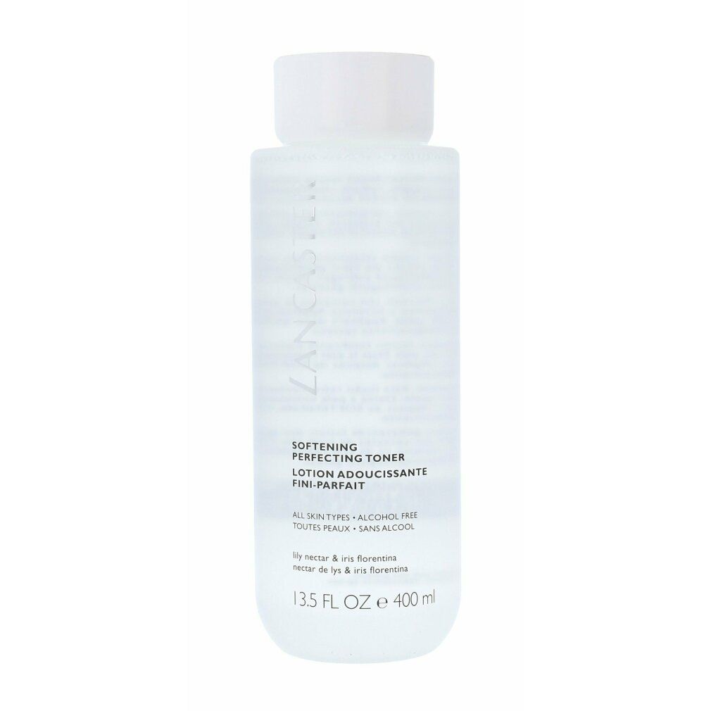 Flacone cilindrico bianco con tappo. Scritta: Lancaster, Softening Perfecting Toner, 13.5 FL OZ, 400 ml.