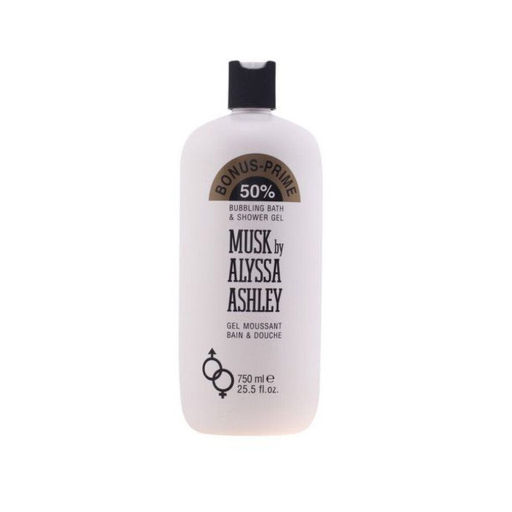 Bagnoschiuma bianco Alyssa Ashley. Tappo nero. Scritta: Musk by Alyssa Ashley, Gel moussant bain & douche. 750 ml.