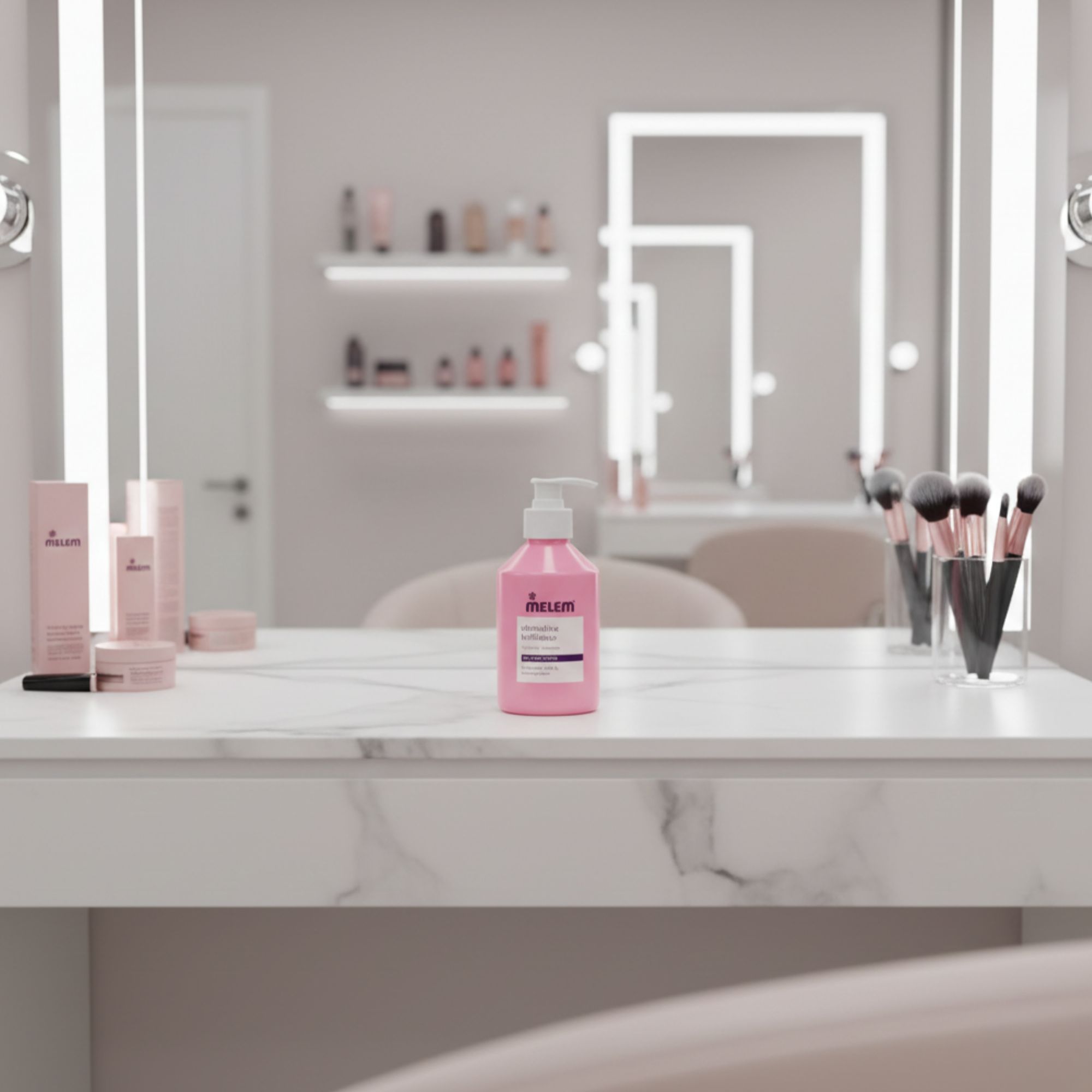Flacone di shampoo rosa con erogatore bianco su un tavolo da trucco. Specchi e cosmetici sullo sfondo.