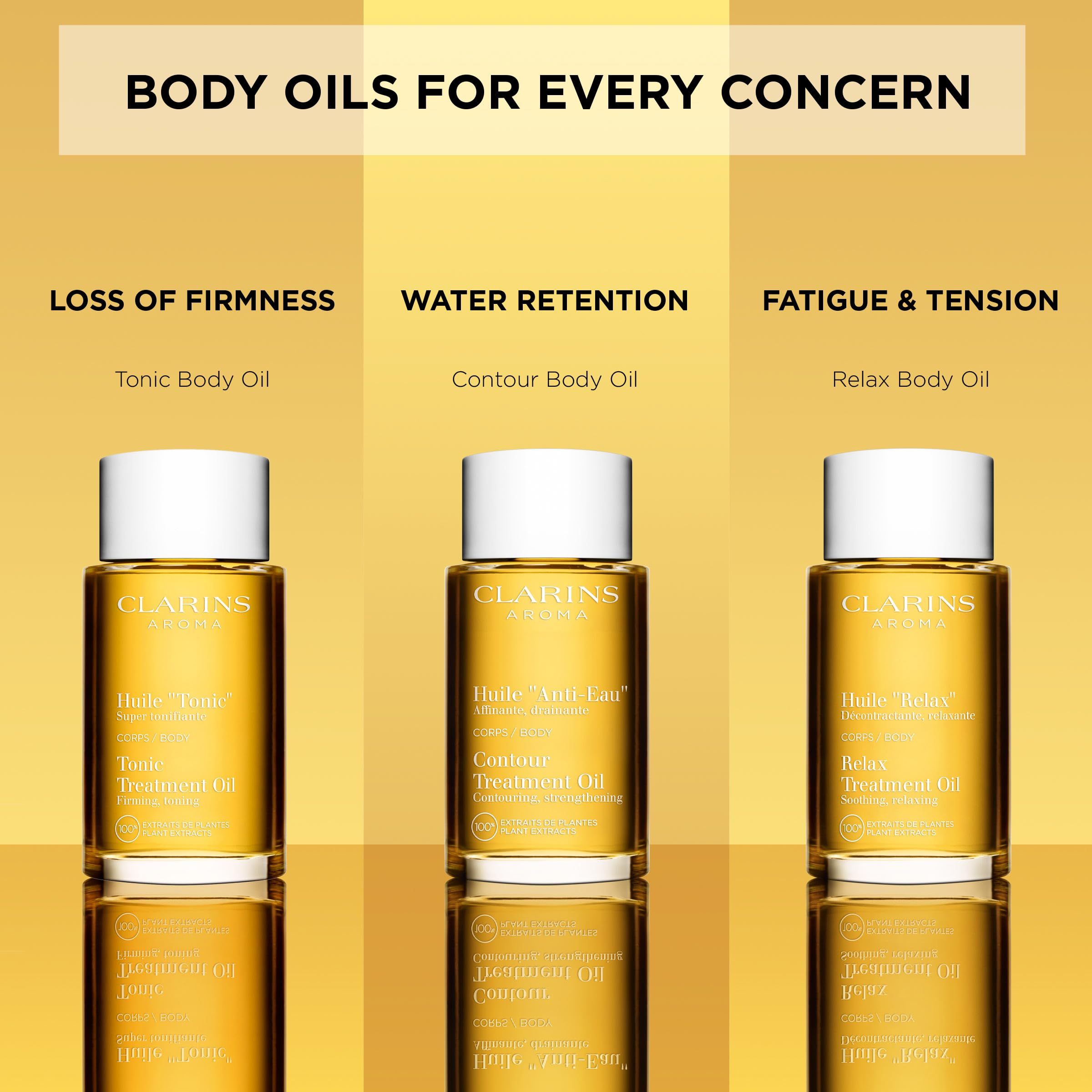 Tre flaconi Clarins Aroma. Testo: Loss of firmness, Water retention, Fatigue & tension.