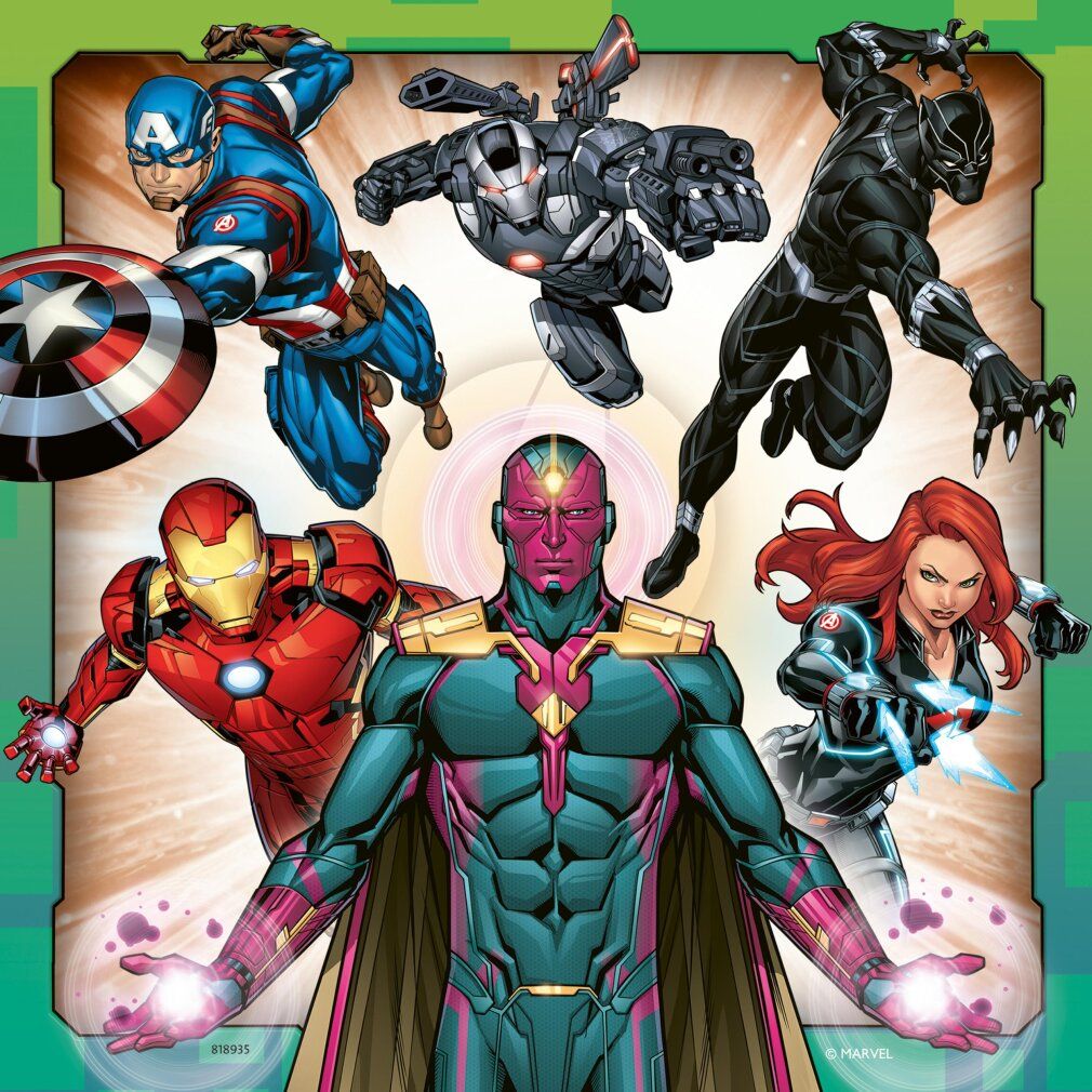 Motivo puzzle: Captain America, War Machine, Black Panther, Iron Man, Vision e Black Widow. Sfondo con forme geometriche.