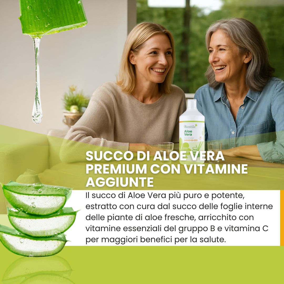 Due donne sorridono. Succo di Aloe Vera e foglie di Aloe Vera. Testo: Succo di Aloe Vera premium con vitamine aggiunte.