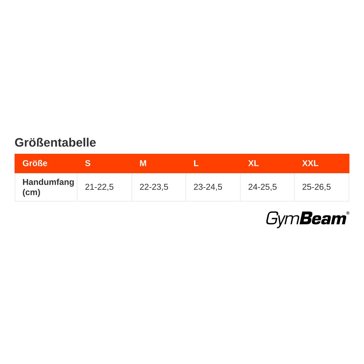 Tabella taglie per circonferenza mano (cm): S (21-22,5), M (22-23,5), L (23-24,5), XL (24-25,5), XXL (25-26,5). Logo GymBeam.