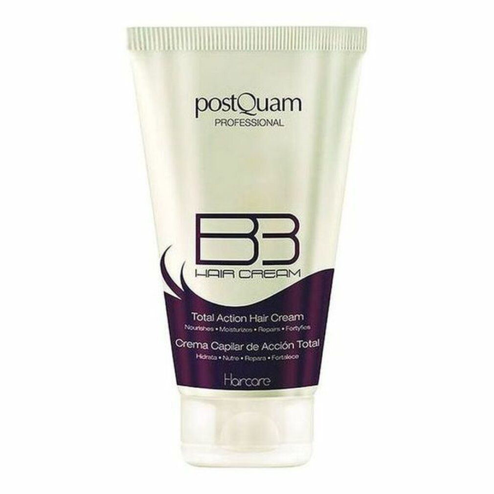 Tubo bianco con dettagli viola. Scritta: Postquam Professional, BB Hair Cream, Total Action Hair Cream. Nome del prodotto e marchio visibili.