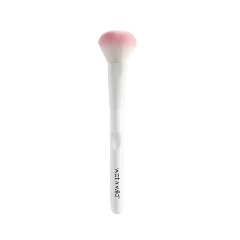 Pennello trucco bianco con setole rosa-bianche e scritta del marchio.