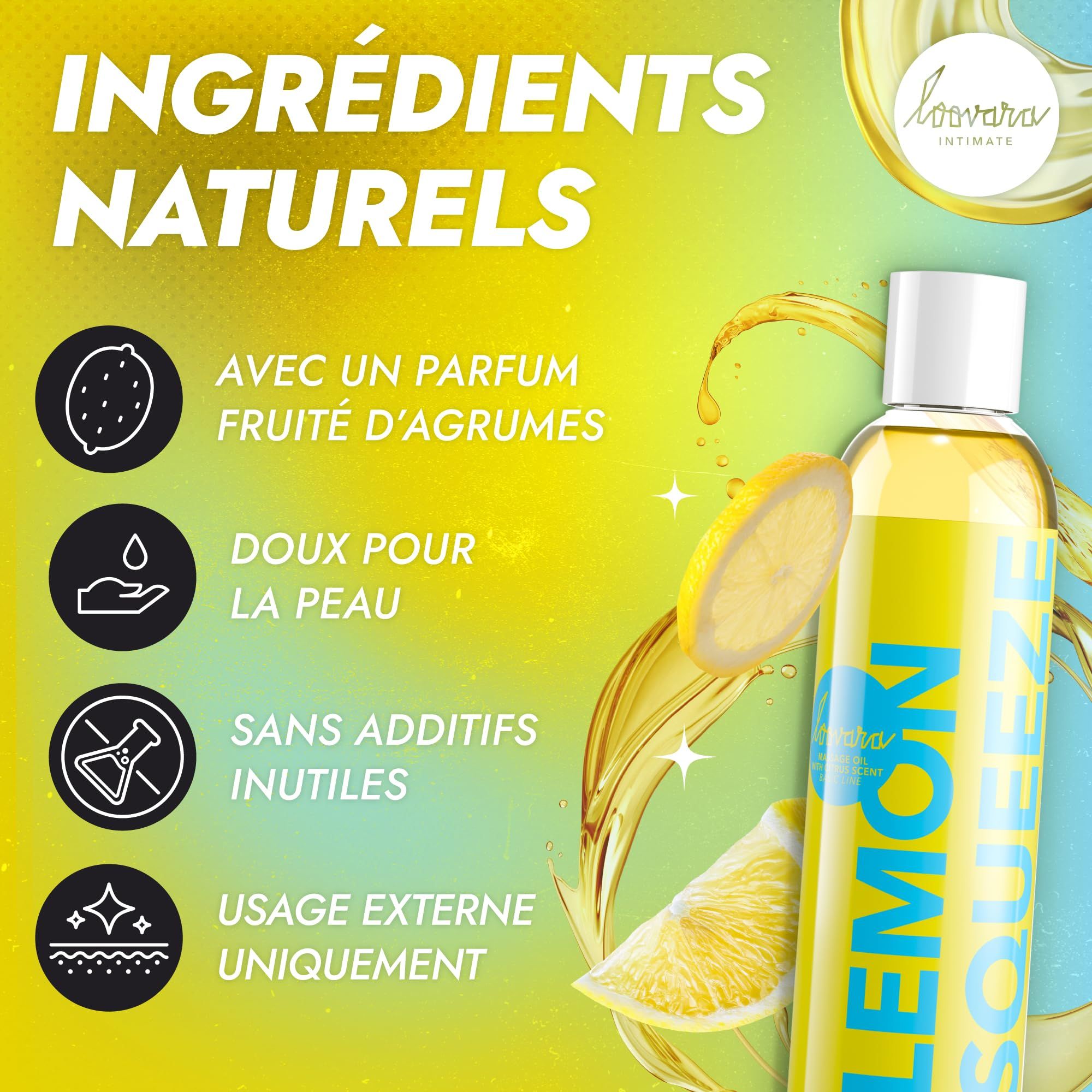 Flacone di olio da massaggio Loovara Lemon Squeeze con icone di ingredienti naturali.